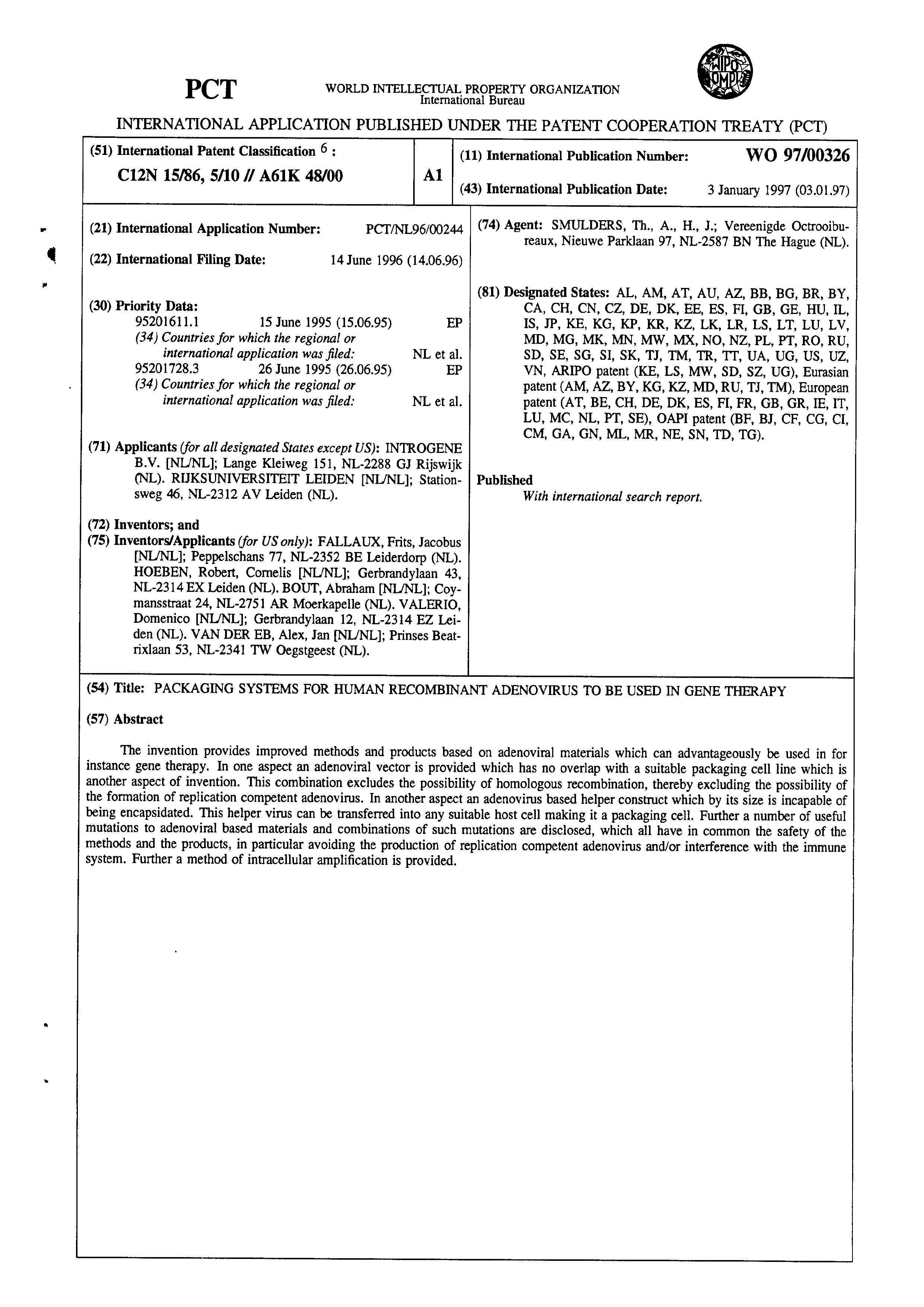 Figure 5: Front page of WO 97/00326 A1